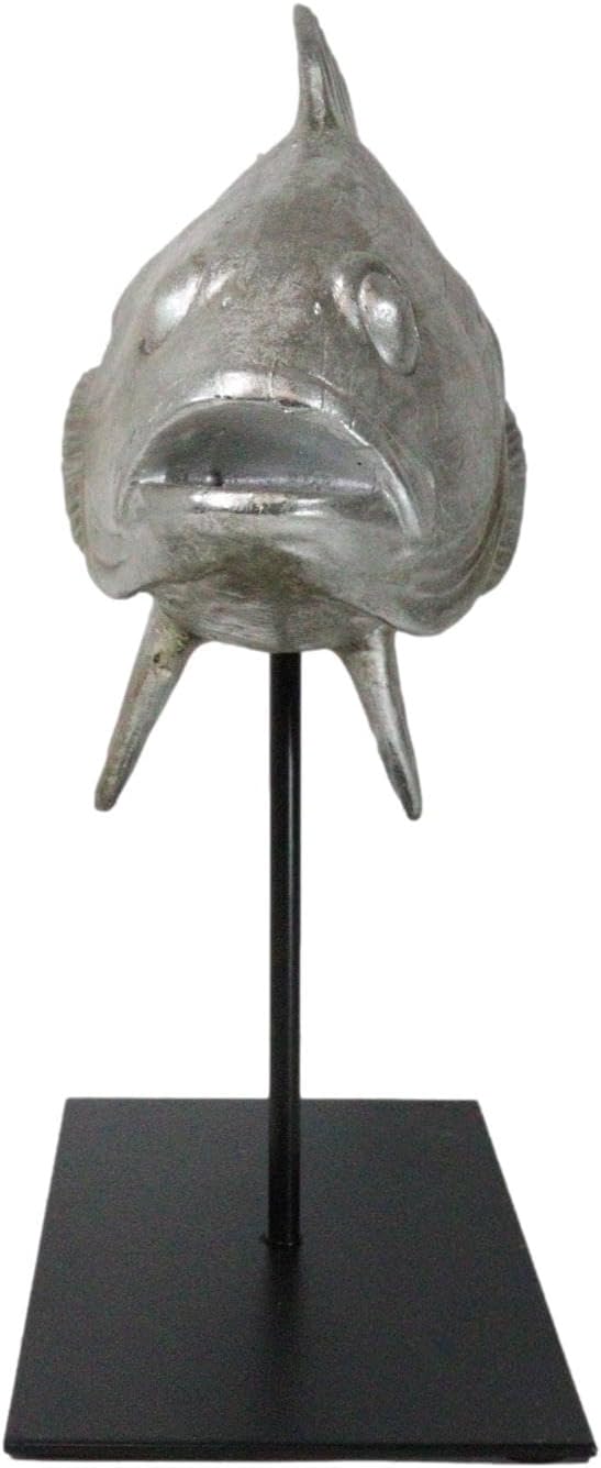 Ebros Gift Nautical Marine Wildlife Faux Taxidermy Serranidae Grouper Fish Sculpture in Silver Finish with Museum Black Pole Base Stand Coastal Ocean Wildlife Fish Accent