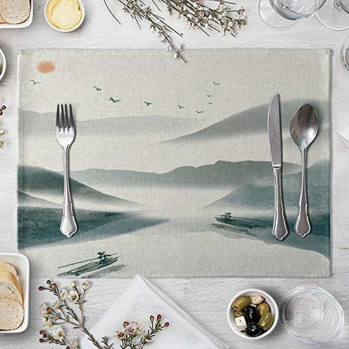 Beydodo Juego de 4 manteles individuales de lino para mesa de comedor de 30,5 x 40,6 cm, estilo chino, paisaje, montaña, decoración del hogar