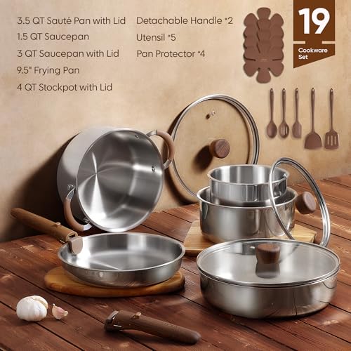 Image of CAROTE 19pcs Stainless Steel Cookware Set with Detachable Handle, Pots and Pans Set, Induction Kitchen Cooking Sets, RV /Camping Cookware, Removable Handle, Oven Safe, Woodgrain