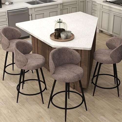 Image of 360 Swivel Modern Bar Stool Set of 4, 26 inch Upholstered Counter Height Bar Stools with Wingback, Soft Linen Fabric, Counter Chairs with Arm for Kitchen Island or Home Bar, Brown
