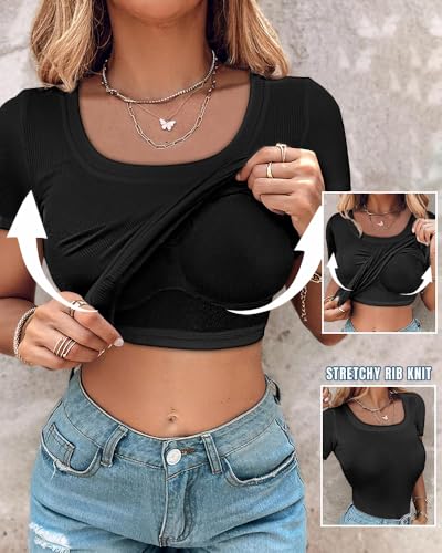 CHICME Women Built-in Bra T Shirt Top Short Sleeve Square Neck Basic Tees Casual Ribbed Knit Fitted Going Out Tops2