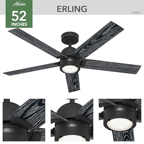 Image of Hunter 52 Inch Indoor Ceiling Fan with LED Light and Remote Control - Black Modern Ceiling Fan, 5 Blades and 6 Speed WhisperWind Motor, For Bedroom, Living Room or Kitchen, ENERGY STAR - Erling, 52850