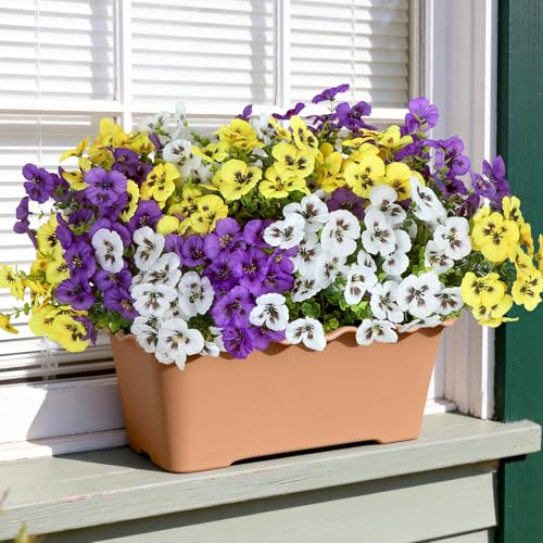 PABREY 18 Pcs Artificial Flowers for Outdoors, Faux Silk Pansy (Purple, Yellow, White)