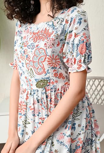 Image of Ichaa Women's Aqua Rayon Printed Maternity Dress with Feeding Zips and Pocket, in Plus Sizes