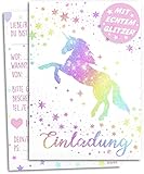 12x Glitzer Einladungskarten Kindergeburtstag | Verzaubertes Einhorn im bunten Sternenregen | Mädchen & Jungen | Regenbogen Einladung Geburtstag Kinder Pferde Geburtstagseinladung Einladungen Rosa