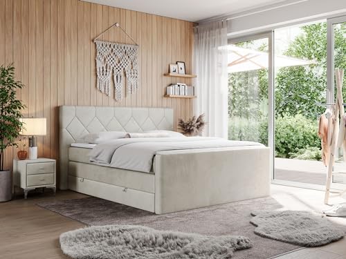 MKS MEBLE King Boxspringbett 200x200 Mit Bettkasten, Polsterbett Mit Multipocket-Matratze H4, Kopfteil und Topper - H4 Beige Velvet - Eigar
