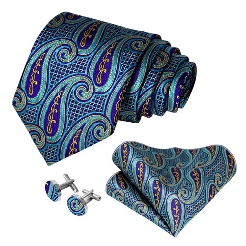 Image of 5PCS Mens Premium Silk Tie, Pocket Square, Cufflinks, Drilled Tie Ring and Lapel Pin Set for Wedding Groom Party