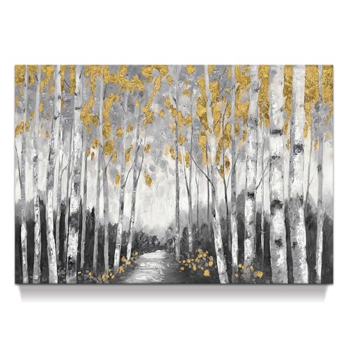 Abstract Forest Canvas Wall Art: Birch Tree Picture Gold Painting Landscape Prints Artwork for Living Room