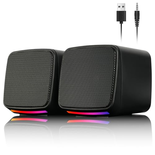 Vicloon Enceintes PC, Enceintes de Bureau avec Lumières RVB Colorées, Alimentation USB, Système Audio avec Prise Jack AUX 3,5 mm, Mini Enceinte Portable pour Ordinateurs Portables, Smartphones et Mac