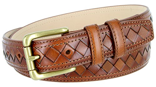 Brass Buckle Diamond Pattern Genuine Leather Dress Belt 1 1/8