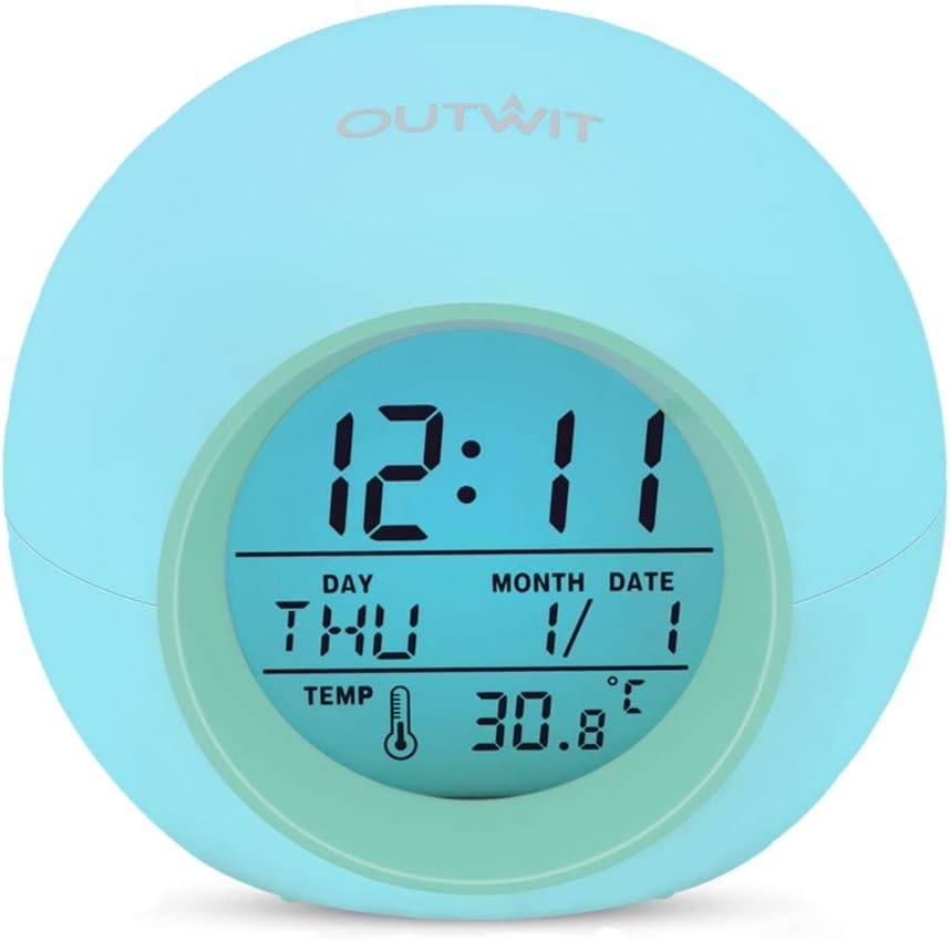 Outwit Kids Alarm Clock, Student Digital Clock for Boys Girls, 7 Colors Changing Light Bedside Clock for Children's Bedroom, Indoor Temperature Touch Control Snoozing for Heavy Sleeper