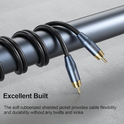 FEMORO Subwoofer Cable 10 ft, Single RCA Cables Dual Shielded Wire Gold Plated Plugs Deep Bass Replacement for SVS Klipsch Yamaha Sub and More to Home Theater Stereo System