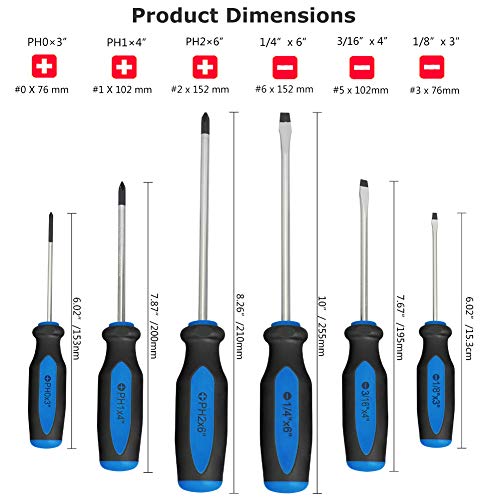 Blue Magnetic Screwdriver Set,6 Pieces Slotted and Phillips Screwdriver with Ergonomic Comfortable Non-Skid Handle,Permanent Magnetic Tips,Rust Resistant Heavy Duty Craftsman Toolkit