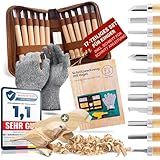 Eli® Schnitzset für Kinder (17-teilig) inkl. Schnitzanleitung - Rohling aus Holz Vogel - 12 hochwertige Schnitzwerkzeug - Schnitzmesser mit Schleifstein - Schnitzen (Schnitzwerkzeug mit Ledertasche)