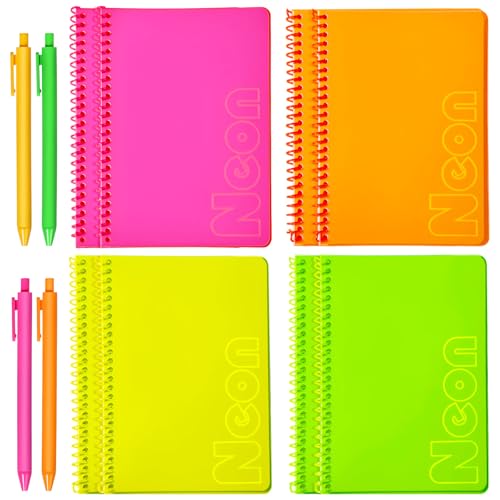 miikoul 8 Pack A5 Neon Spiral Lined Notebooks with 4 Pens 8.3" X 5.5" 80 Sheets/160 Pages Wide Ruled Notebook Spiral Journals Bulk Softcover Notepad Color Coded for Students Taking Class Notes