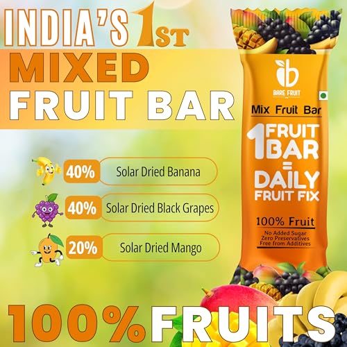 Image of BAREFRUIT 100% Mix Fruit Bar | Healthy Breakfast Diet Energy Snacking Bar For Kids & Adults | Plant Based Protein & Fibre - Rich In Vitamin A, C | No Added Sugar, Zero Preservatives | Pack of 6 (150g)