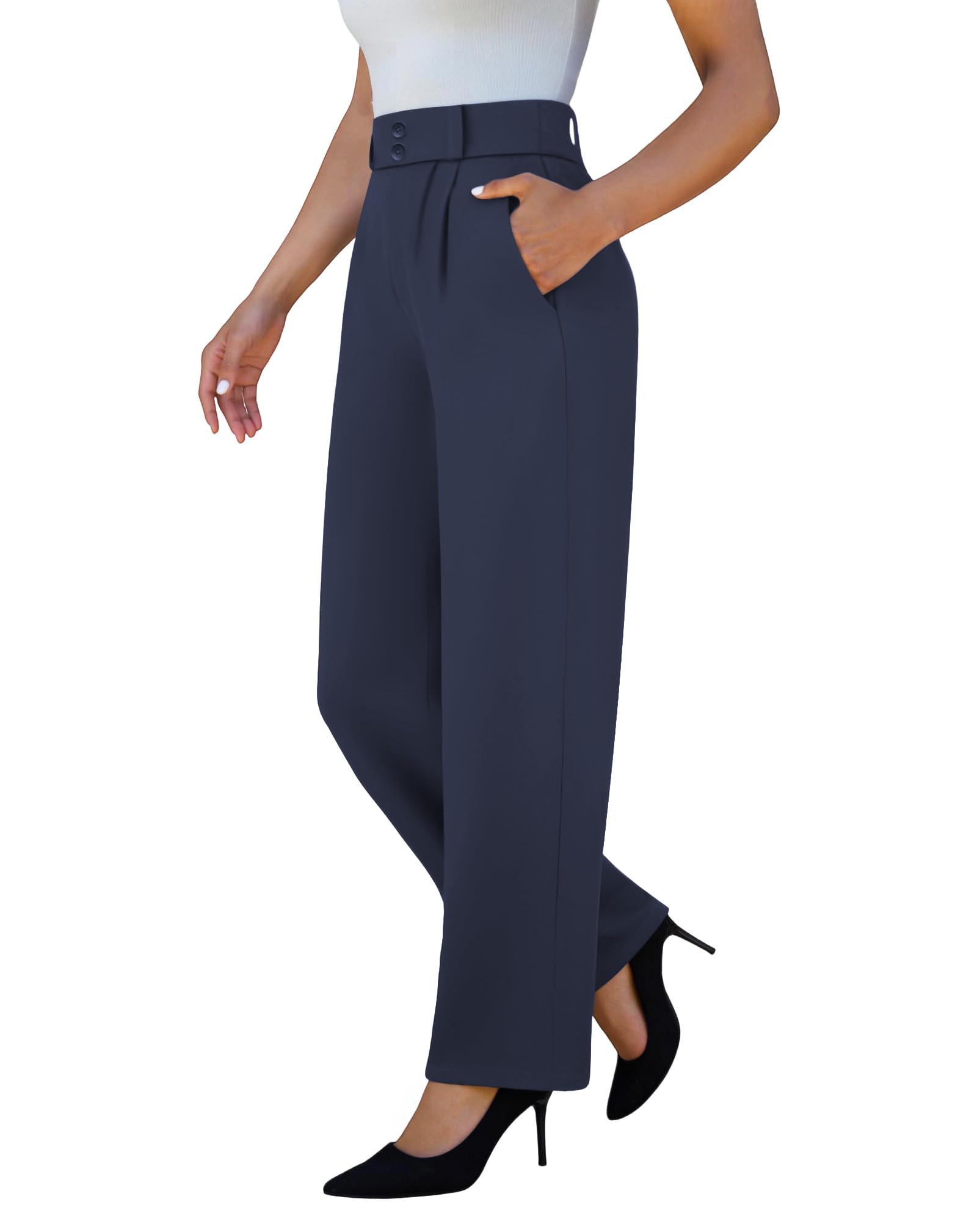 keriffe Womens Stretchy Dress Pants 2 Pockets High Waist Pull On Office Slacks Casual Business Work Wide Leg