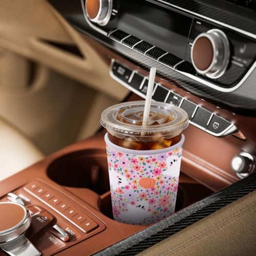 Image of Insulated Neoprene Cup Sleeve for Iced Coffee & Cold Soda - Reusable & Sweatproof, Keeps Drinks Cold Longer, Coffee Coolie for Hot & Iced Drinks (Halloween Ghost & Floral, Small: 16-18oz)