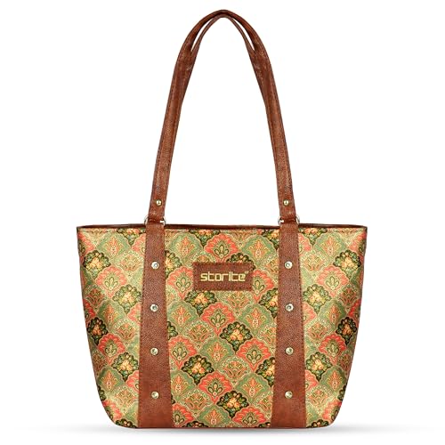 Image of Storite Women's Tote Bag with Leather Handles & Embroidery Printed Handbag with Zip Pockets, Shoulder Tote Bag and Handbag for Office and College