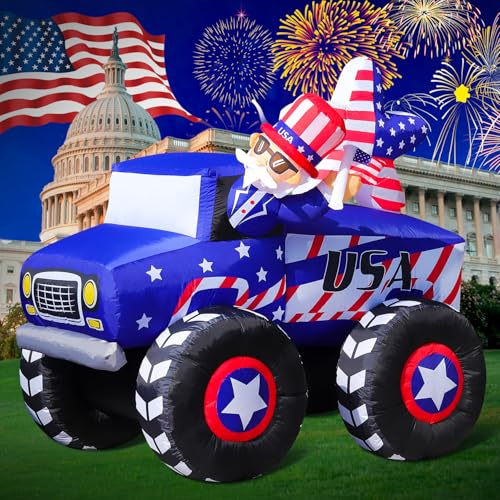 DomKom 7FT Patriotic Independence Day 4th of July Memorial Day Inflatable Outdoor Decoration Uncle Sam Drive Monster Truck LED Lights Holiday Blow Up for Fourth of July Party Garden Yard Lawn Decor
