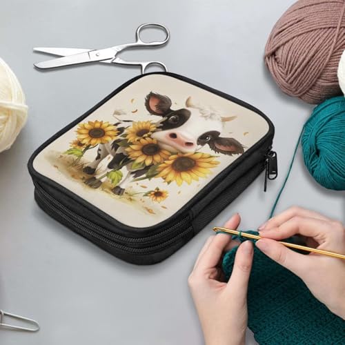 Image of Cartoon Cow Crochet Hook Case Sunflower Portable Knitting Needle Case with Web Pockets Swing Crochet Hooks Accessories Easy to Take