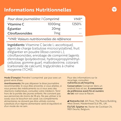 Vitamine C 1000mg - Cure de 6 Mois, 180 Comprimés Vegan - Contribue à réduire la Fatigue, au Fonctionnement Normal du Système Immunitaire et à la Formation de Collagene - Vitamin C - Nutravita – Image 6
