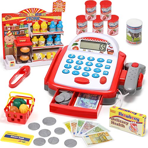 Preisvergleich Produktbild GeyiieTOYS Kinder Kasse Elektronische Supermarktkasse mit Scanner, Kartenlesegerät und Lebensmittel, Rollenspiel Kaufmannsladen für 3 4 5 Jahre Mädchen Junge