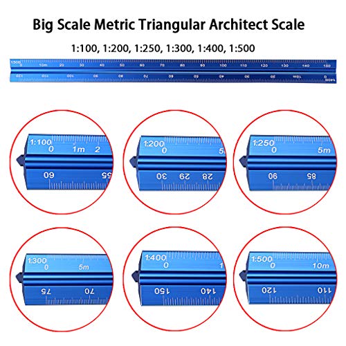 Ownmy 30Cm Solid Aluminum Metric Triangular Architect Scale Ruler Set, Architectural And Engineer Scale Ruler Set Professional Etched Scales Drafting Rulers For Blueprints Civil Engineering, Blue #TOP2