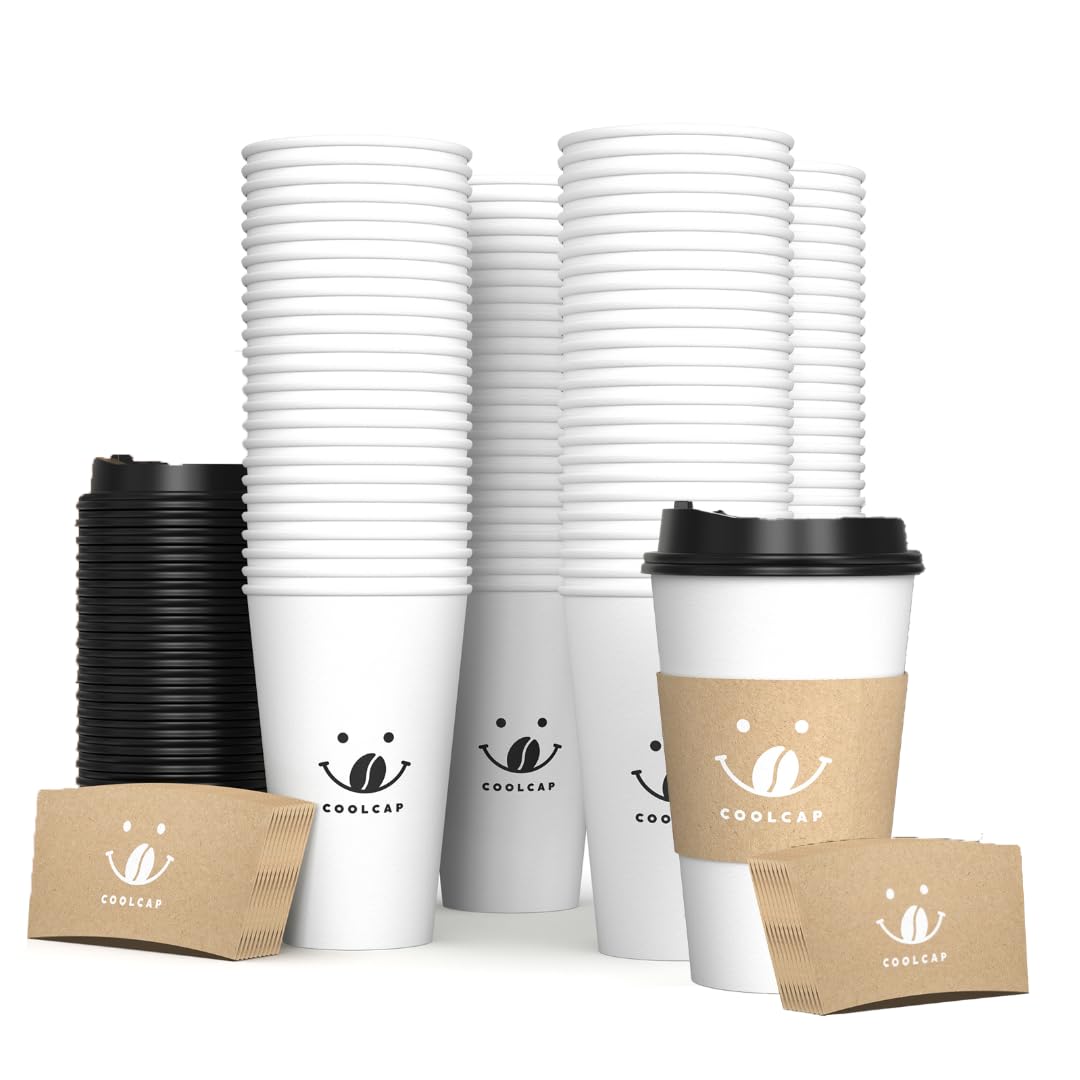 100 Pack 12oz Disposable Coffee Cups with Lids and Sleeves, To Go Paper Cups for Hot & Cold Beverages