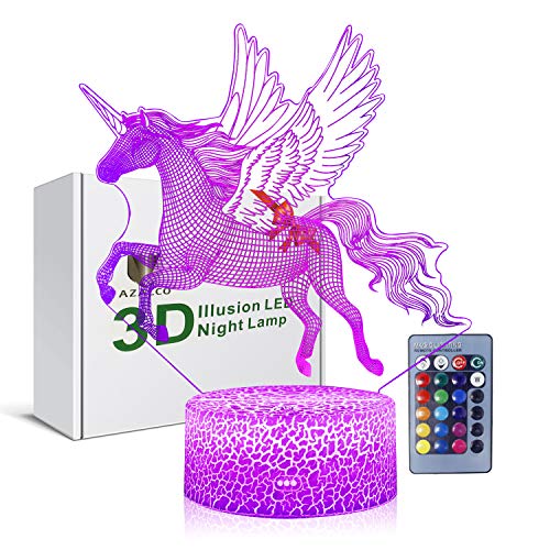 AZALCO 3D Illusion Monocerous Unicorn Night Lamp 16 Color Change Touch White Crack Base Remote Control Birthday Present Boys Girls Party Kids Decor Christmas Gifts Xmas Gift