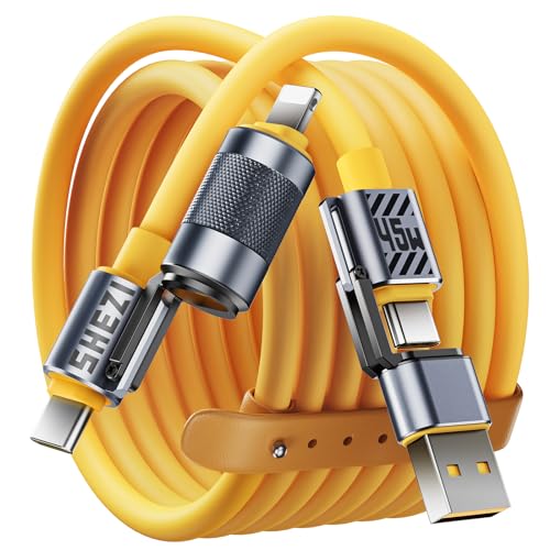 Image of 4 in 1 USB C Cable 45W 5FT Fast Charging & Data Transfer, Thicker Silicone Multi Charger Cord for iPhone iPad Charger Wire Combo with L /Type C /USB A for iPhone 16 /15 /Macbook (Yellow)