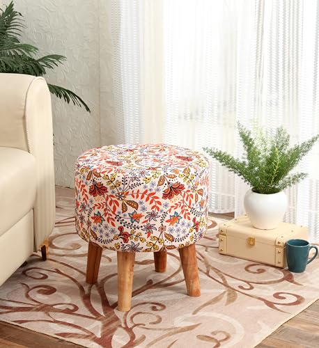 Image of NACIA Printed Sitting Ottoman Stool (16X16X17 Inches) for Living Room, Bedroom | Wooden Pouffes for Sitting & Footrest | Puffy Foot Stool Furniture for Home Decor, (Cream, Coral)