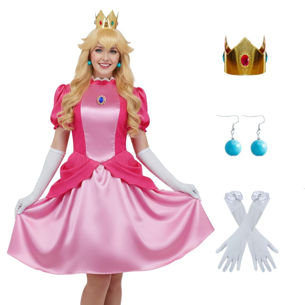 AYYOHON Princess Rosalina Costume Adult Princess Daisy Dress for Women Halloween Cosplay Dress with Crown Earrings Gloves XS