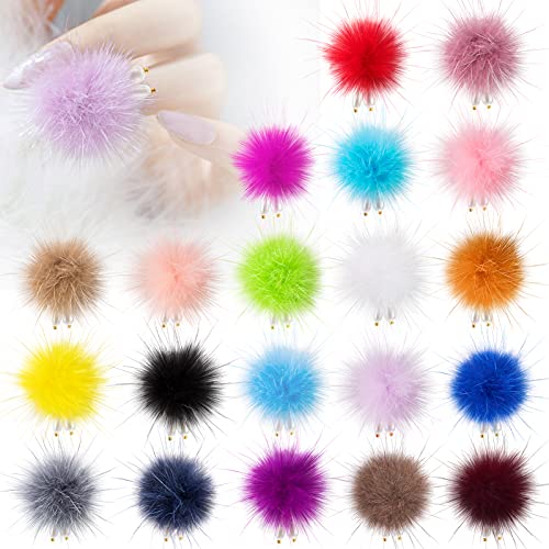 Detachable Nail Art Fluffy Pom Balls- Cute Removable 3D Long Nail Plush Faux Fur Balls with Magnetic Base Elegant Balls Nail Accessories with Pearl Pendants for Nail Design Manicure Tips (20pcs)