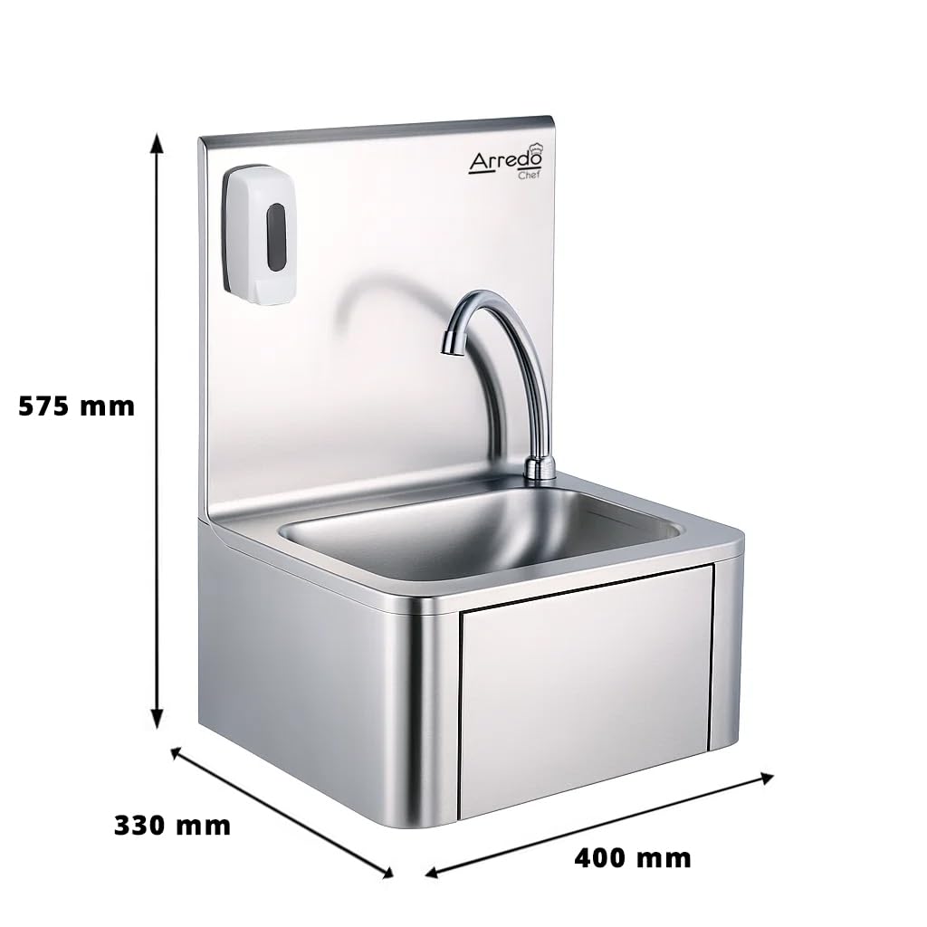 Lave-mains mural professionnel cuve en inox 304 avec dosseret + robinet + distributeur de savon – Idéal cuisine pro, restaurant, bar, collectivité, CHR