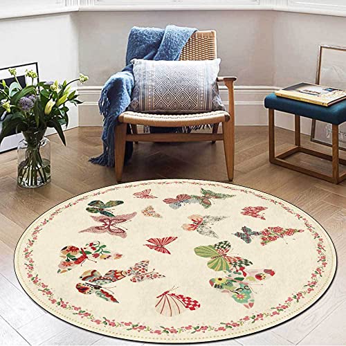 LOBTRMI Alfombras Redondas Grande De Área, Alfombra para Salón, Dormitorio, Pelo Corto, Alfombra De Habitación Alfombra Retro con Estampado de Mariposas Beige, ø 150 cm