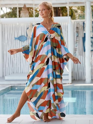 Image of IMAGEKOPE Women's Plus Size Animal Print V-Neck Batwing Kaftan Beach Dress Bathing Suit Cover-Up Loungewear
