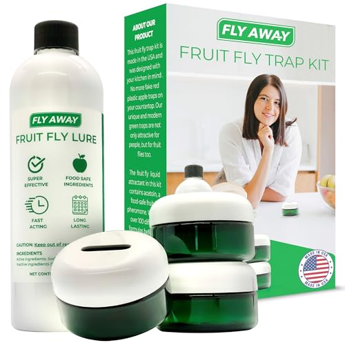 Fly Away - Fruit Fly Trap Kit: 3X Reusable Fruit Fly Traps for Indoors + 12 oz. Liquid Bait. Fast Acting. Attractive Design, Perfect for Homes, Bars and Restaurants. 270+ Day Supply. Made in USA