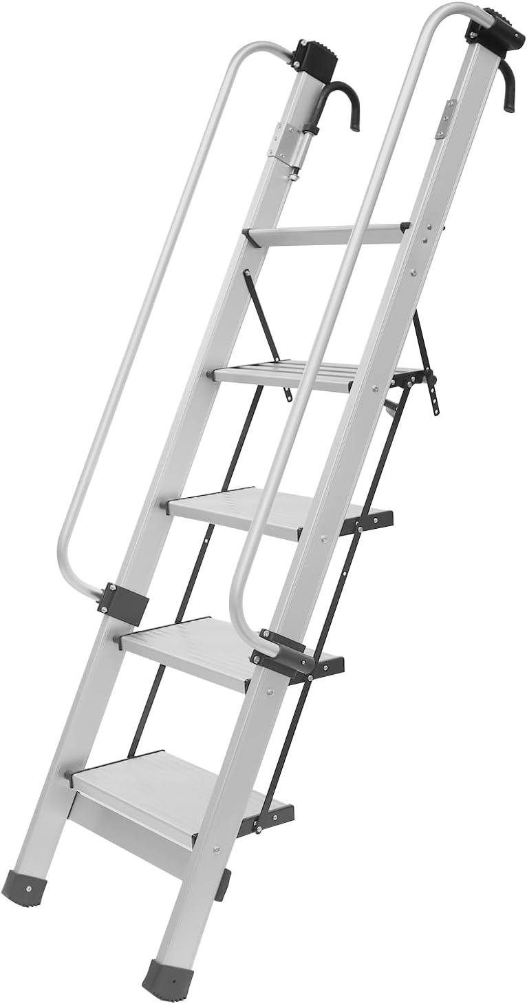 66" Bunk Bed Ladder，Aluminum Loft Stairs Ladders,Load 330 lbs,Adjustable 5 Step Ladder with Handrails,Hooks and Folding 7.87" Pedals,for Rv Dorms Truck