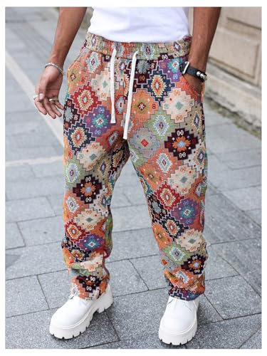Men's Graphic Baggy Pants Boho Drawstring Waist Wide Leg Trousers with Pockets4
