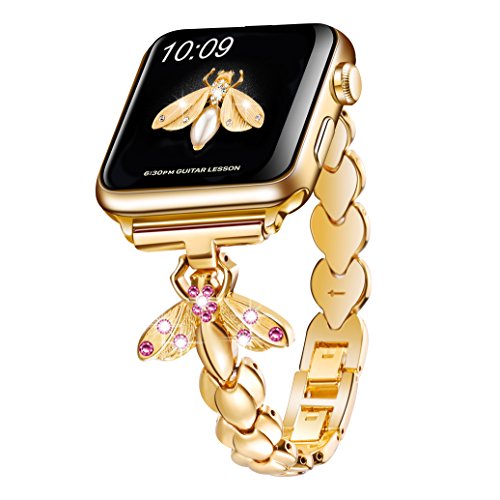 Sangaimei Strap Compatible Apple Watch Band 42mm 44mm 45mm Women Iwatch Band Dressy Stainless Steel Wristband for Apple Watch Series 7/6/5/SE/4/3/2/1 Gold