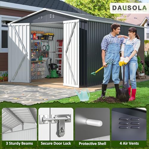 Image of DAUSOLA 10x12 FT Outdoor Storage Shed, Metal Garden Tool Shed with Updated Frame Structure and Lockable Doors, Ideal for Backyard Garden Patio Lawn, Grey