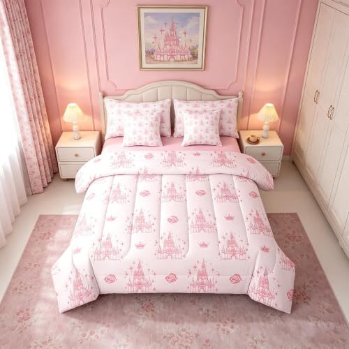 Manfei 7 Pieces Dreamy Castle Comforter Set Queen Size, Pink Floral Crown Print Bedding Set, Cute Magical Princess Bed in A Bag with Comforter,Sheets and Pillowcases, Kids Girls Room Decor, Soft