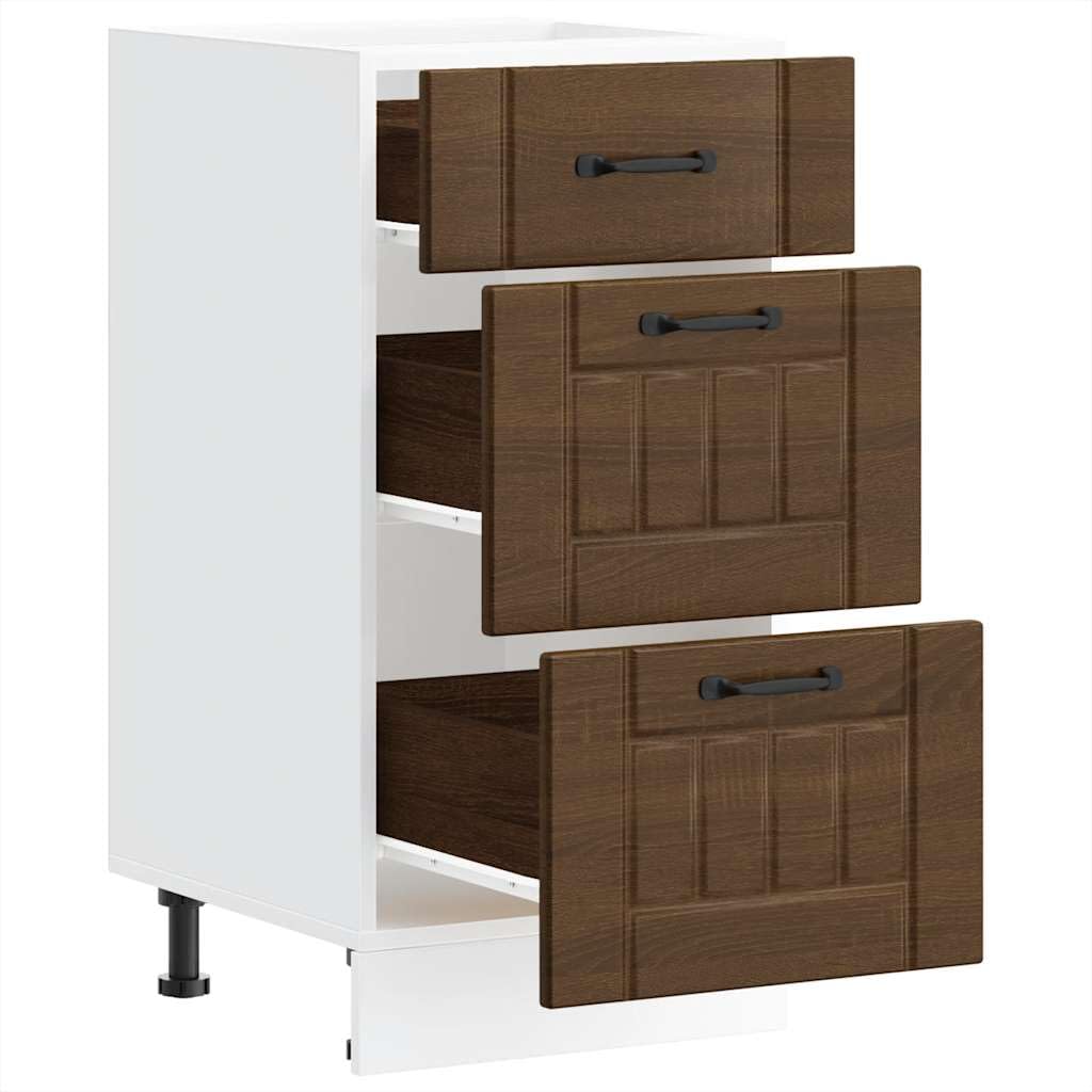 Küchen-Unterschrank Lucca Braun Eichen-Optik aus Holzwerkstoff, 40 x 46 x 81,5 cm, 2 Schubladen, verstellbare Füße, Stauraum für Schüssel, Teller, Töpfe und Küchenzubehör