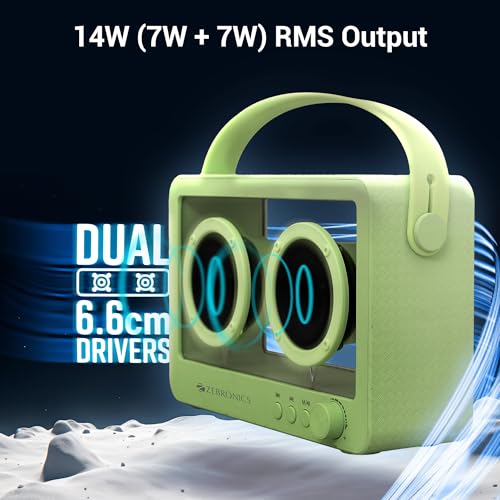 Image of ZEBRONICS Sound Feast 75, Portable Bluetooth Speaker, 14 Watts, 10 Hours Playback, Transparent Body, Dual 6.6 cm Drivers, Carry Strap, Bluetooth v5.3 | TWS | mSD | AUX (Green)