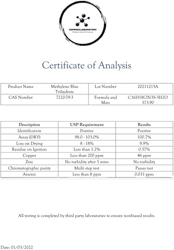 Miniatura 3 de Laboratorio de brújula azul de metileno al 05  Líquido de cloruro de metiltioninio de grado USP  Suplemento dietético de alta pureza para función