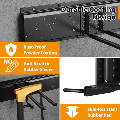 BONTEC Wandmontierter Werkzeughalter, 336 kg Tragfähigkeit, 3 Rail Panels, Verstellbare Garage Wandregale mit 8 Haken, Besenhalter, Gartengeräte Aufbewahrung, Stabil und Rostbeständig, Schwarz – Bild 6