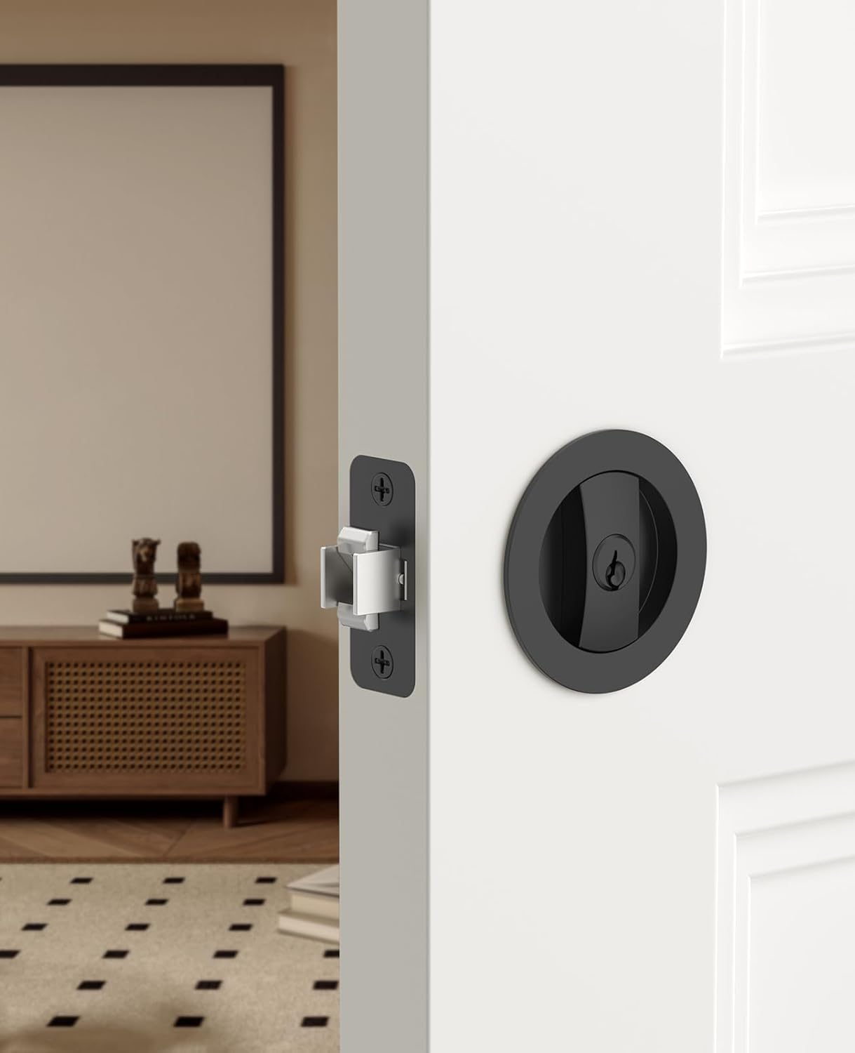 Asidrama 1 Pack Matte Black Entry Pocket Door Lock Round Pocket Door Hardware with Key