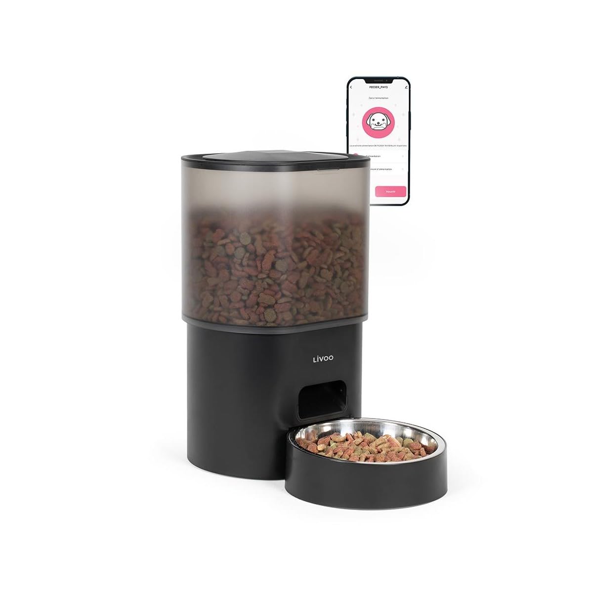 Livoo - Distributeur de croquettes Automatique PET106-3L, connectée, 10 Repas programmables, jusqu'à 12 portions par Repas