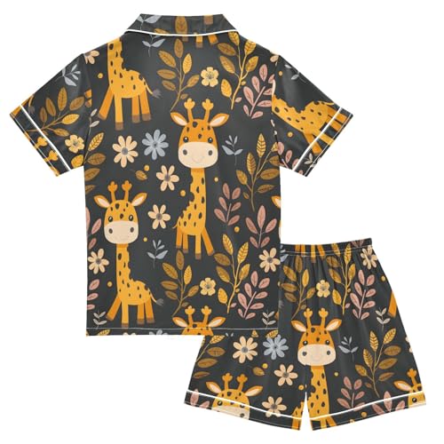 ALAZA Giraffe Flower Floral Satin Pajamas Set Short Sleeve Button Down Sleepwear Summer Pjs 2 Piece2
